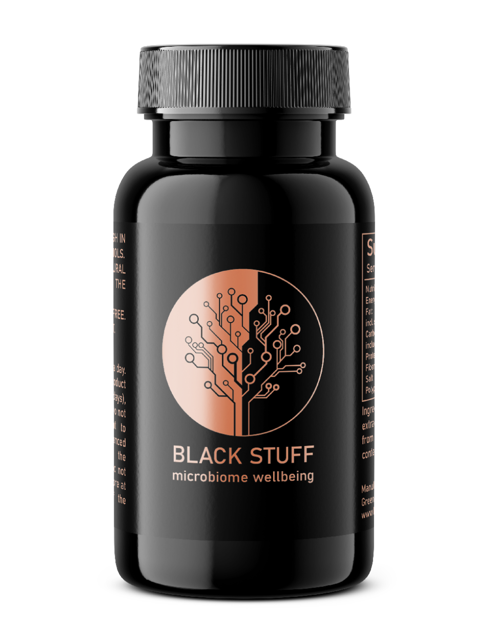 Black Stuff Kapseln mit Pinienrinde und Birken-Chaga-Extrakt reich an Polyphenolen, Fulvo- und Huminsäure.