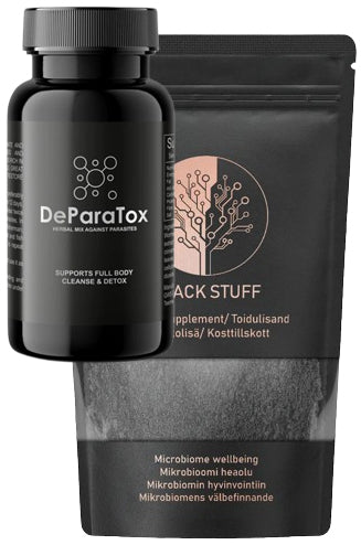 DeParaTox Entgiftungskur Black Stuff Pulver zur Entgiftung mit Wermutblätter, Pinienrinde und Chaga-Extrakt (reich an Fulvinsäure), Nelkenpulver, Zimt, Kurkumawurzelpulver, Brennnesselblätter, Kamillenblüten, mikrokristalline Cellulose, Magnesiumstearat, Siliciumdioxid